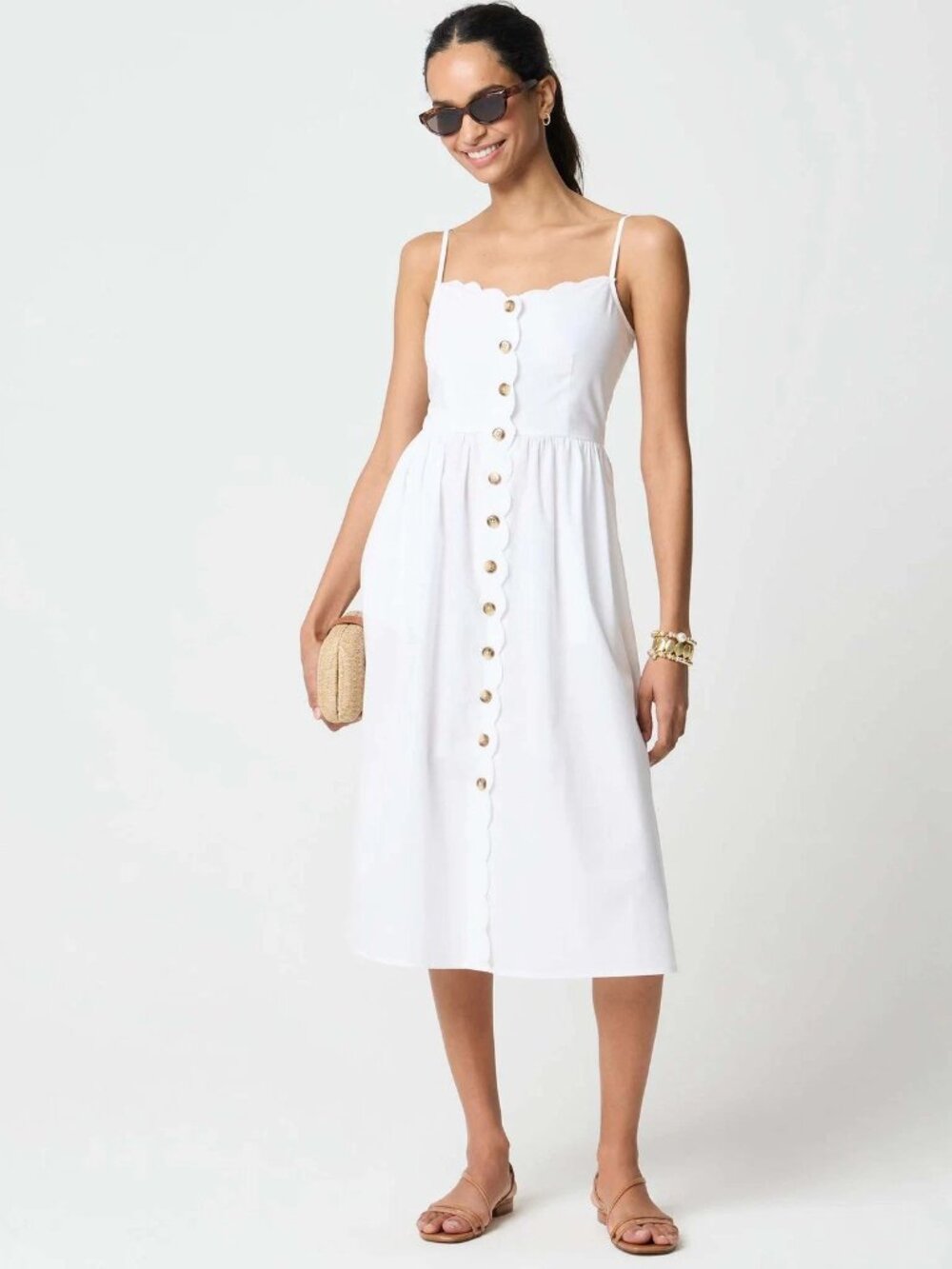 J. Crew White Scallop-Trim Button Front Midi Dress 4 NWT